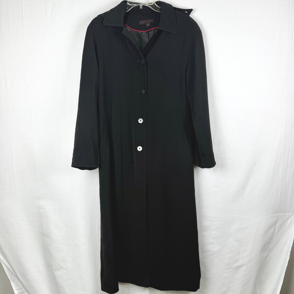 Anne Klein Womens Black Long Trench Coat Detachable Hood Button Front Size 6